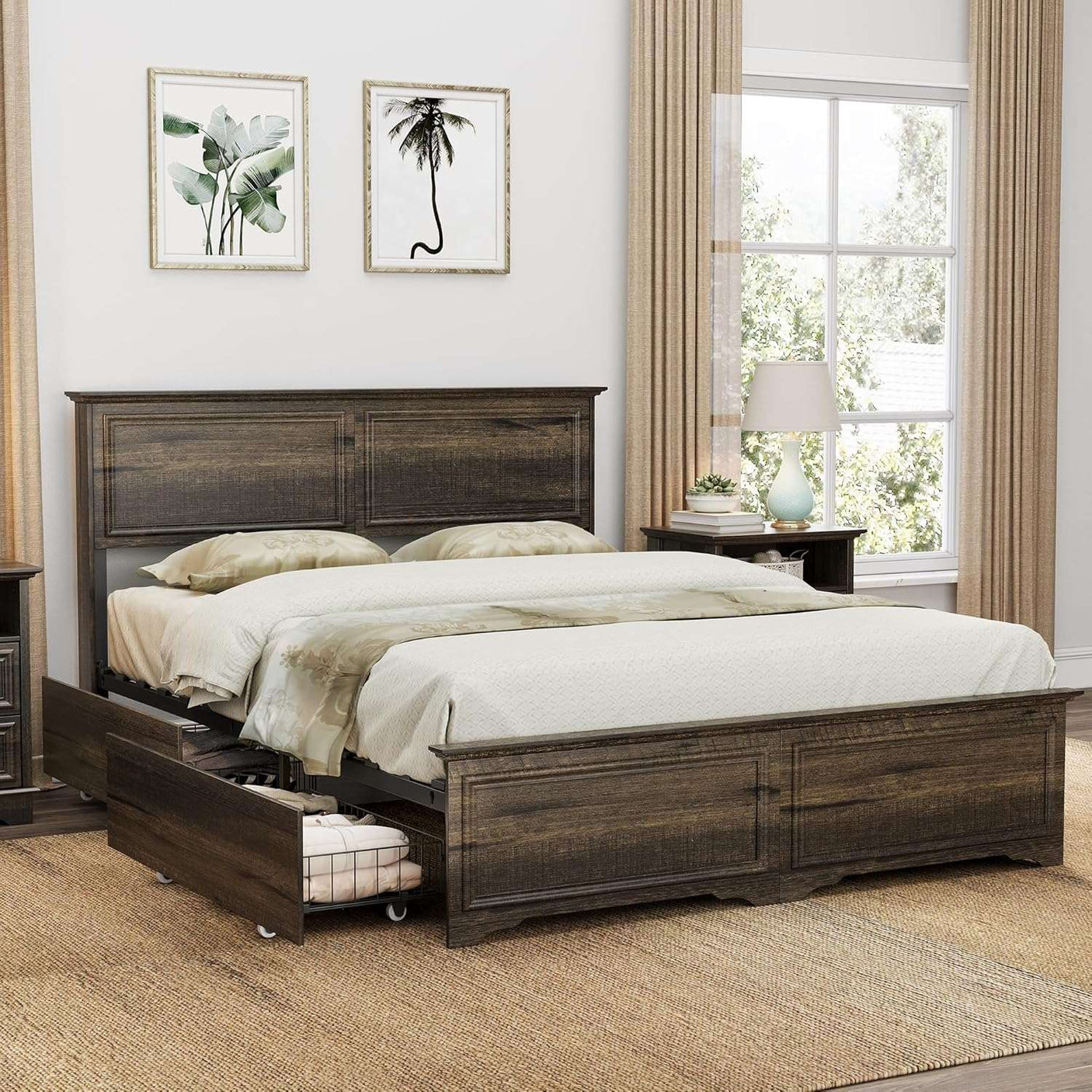 Farmhouse Queen Size Bed Frame with 4 Storage Drawers