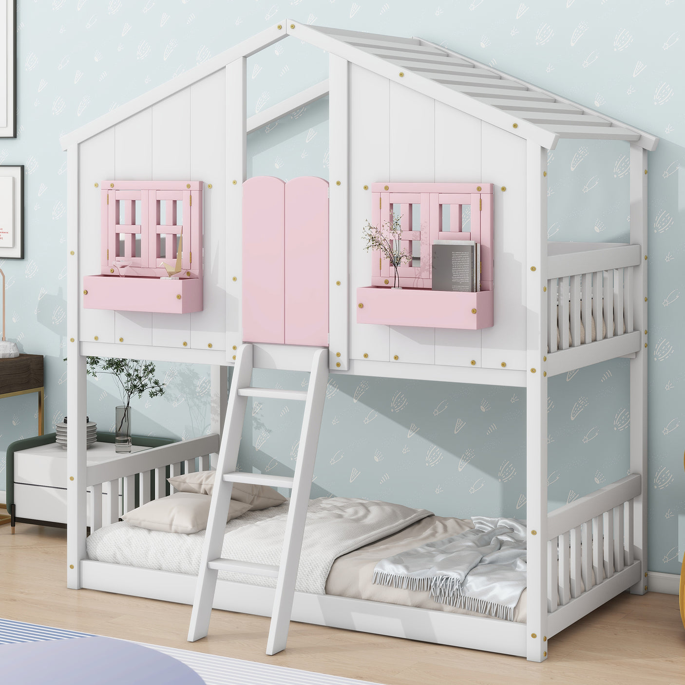 Twin over Twin House Bunk Bed with Roof