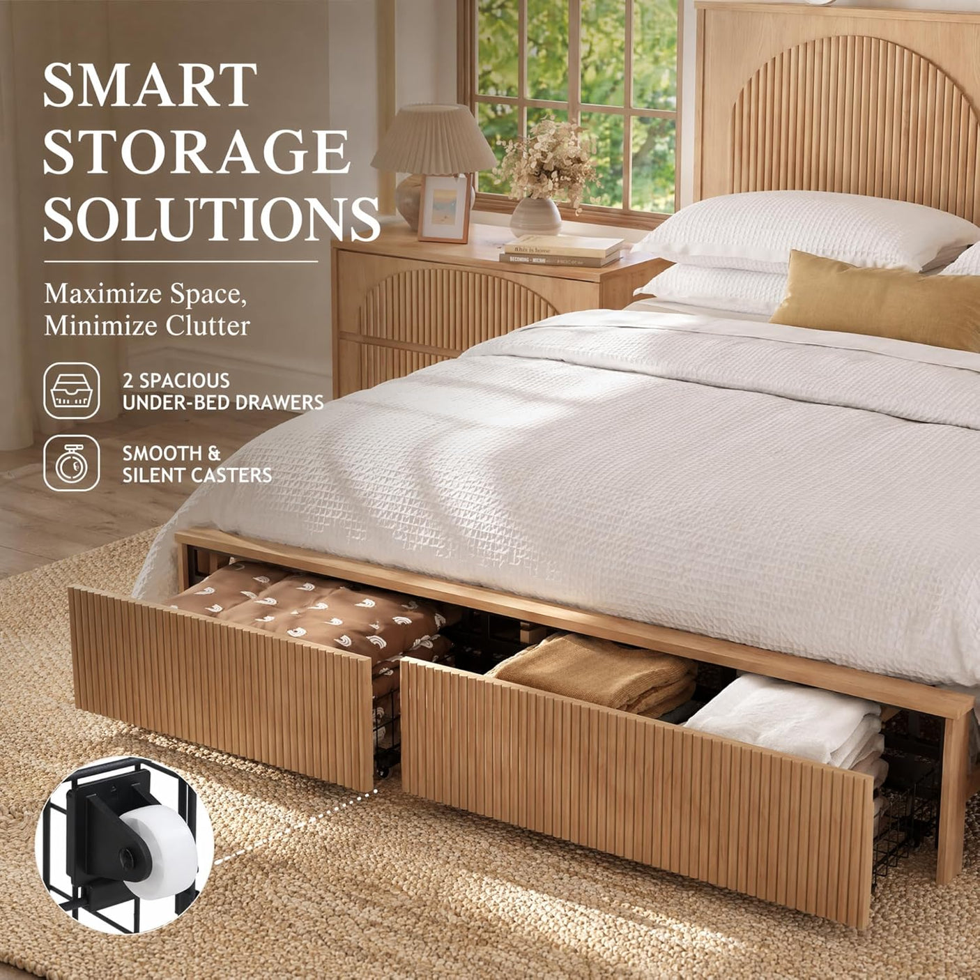 Arched Reeded Wood Bed Frame with Storage Drawers | No Box Spring | Full Queen King