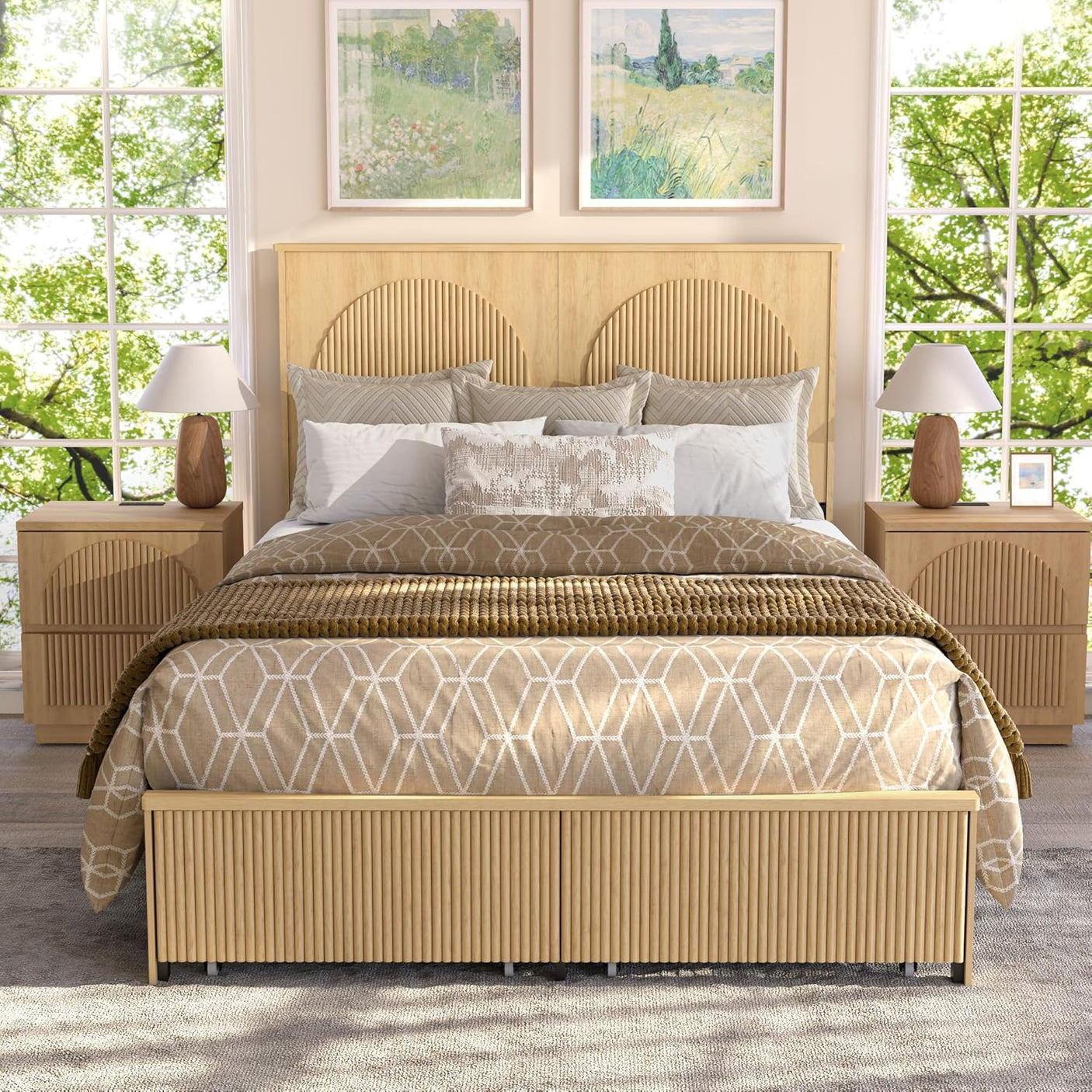 Arched Reeded Wood Bed Frame with Storage Drawers | No Box Spring | Full Queen King