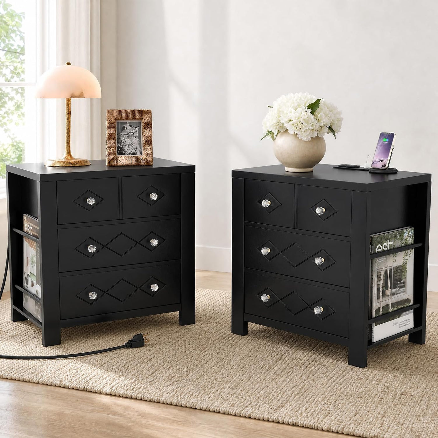 Yechen 3-Drawer Nightstand with USB-C & AC Outlets | Crystal Handles | White & Black