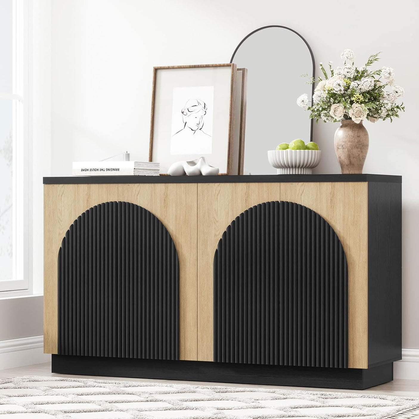 Arched Reeded Sideboard Buffet Cabinet | Black & Natural Oak