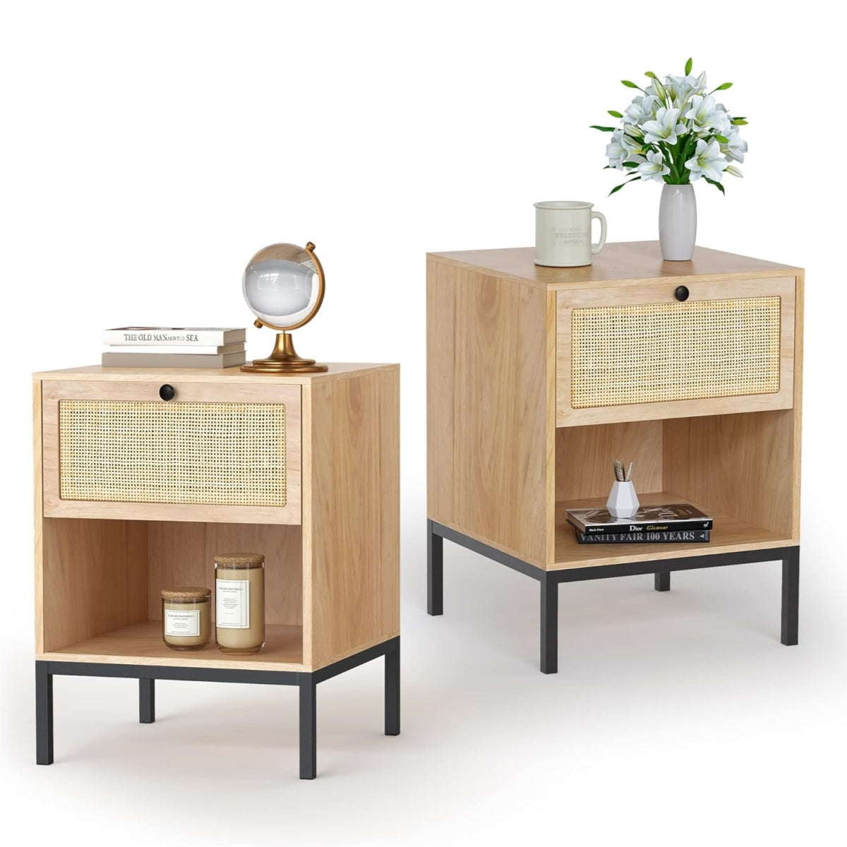 Boho Rattan Drawers Sidetable Nightstand 2 Packs