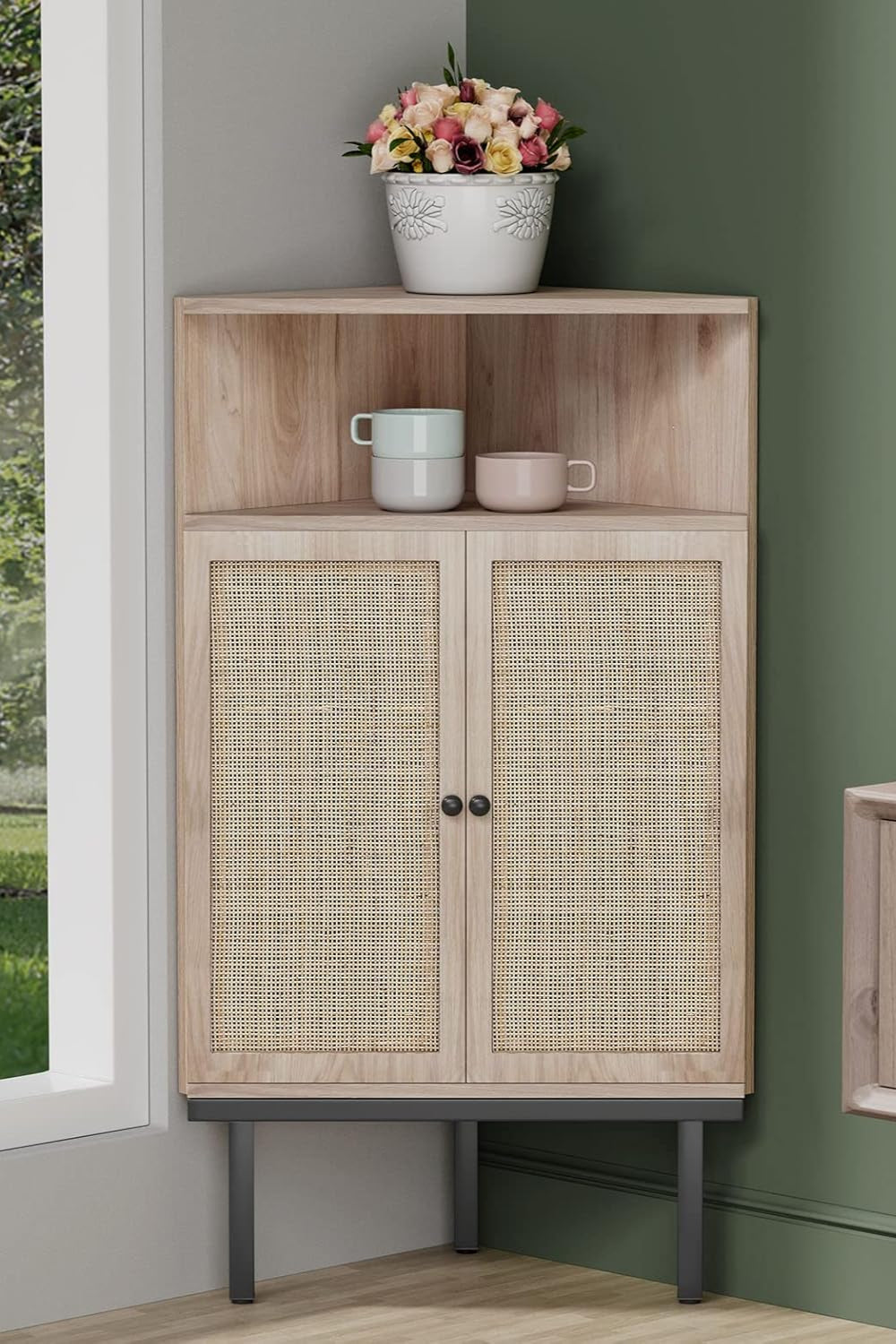 4-Tier Rattan Doors Corner Storage Cabinet