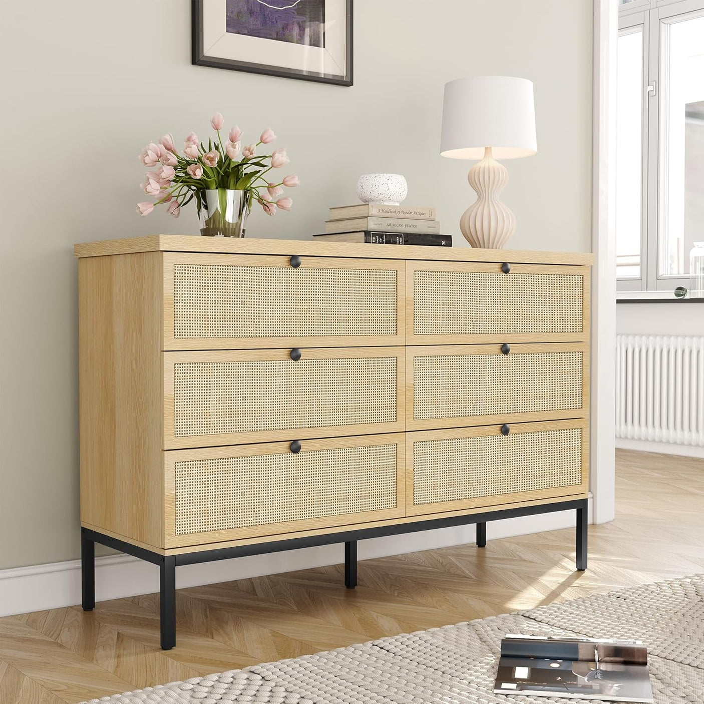 Modern 6 Drawer Dresser with Rattan Drawers