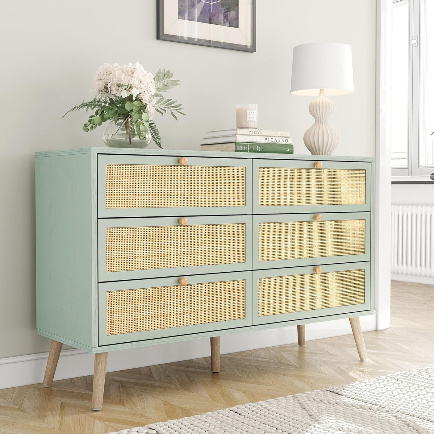 Modern 6 Drawer Dresser with Rattan Drawers
