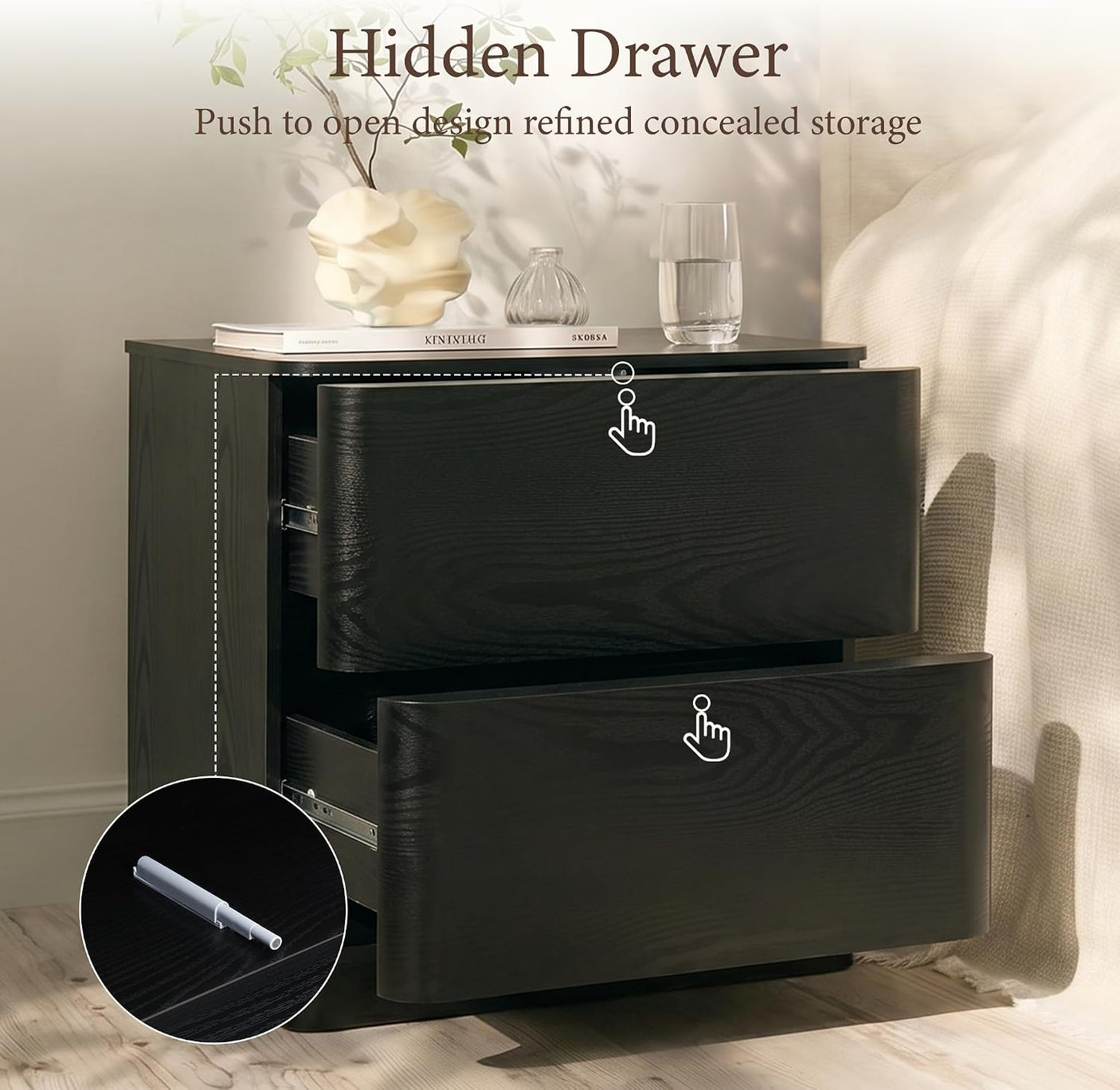 Nightstand with 2 Push to Open Drawers & Hidden Compartment | 22'' Curved Bedside Table | Mid-Century Modern