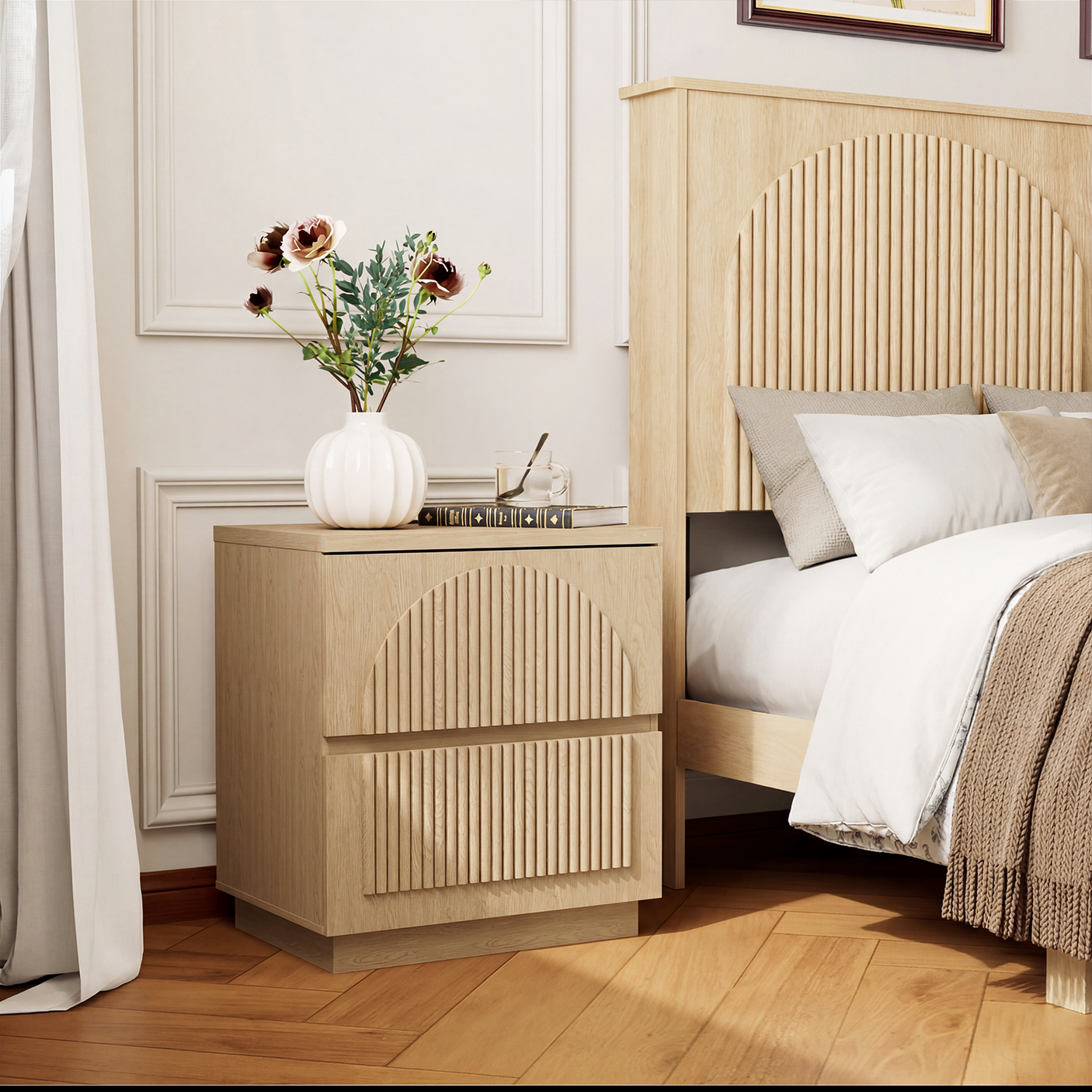 Yechen Fluted Nightstand with Charging Station | Arched Reeded Bedside Table, Natural
