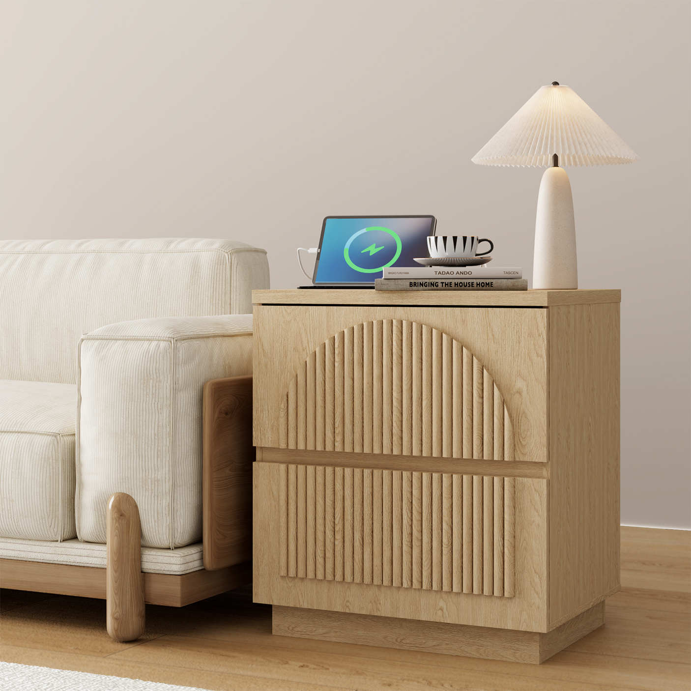 Yechen Fluted Nightstand with Charging Station | Arched Reeded Bedside Table, Natural