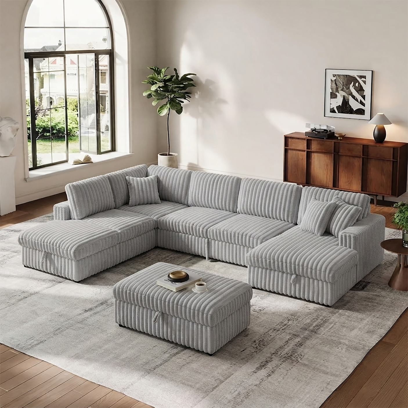 122'' Plush Corduroy Sectional Sleeper Sofa with Pull-Out Bed & Storage Chaise – Gray4