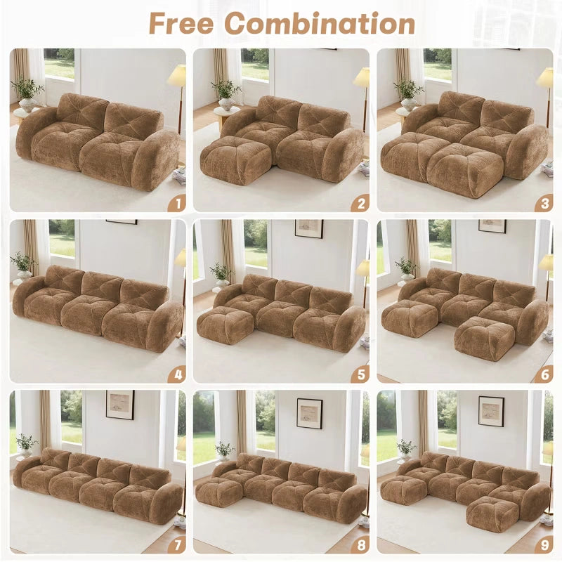 Oversized Modular Tufted Velvet Deep Seat Sofa with Ottomans - 32D Foam, No Assembly Required
