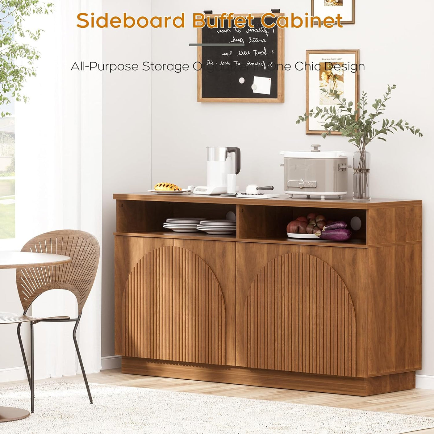 Fluted Sideboard Buffet Cabinet with Arched Reeded Doors - Mid Century Modern Storage