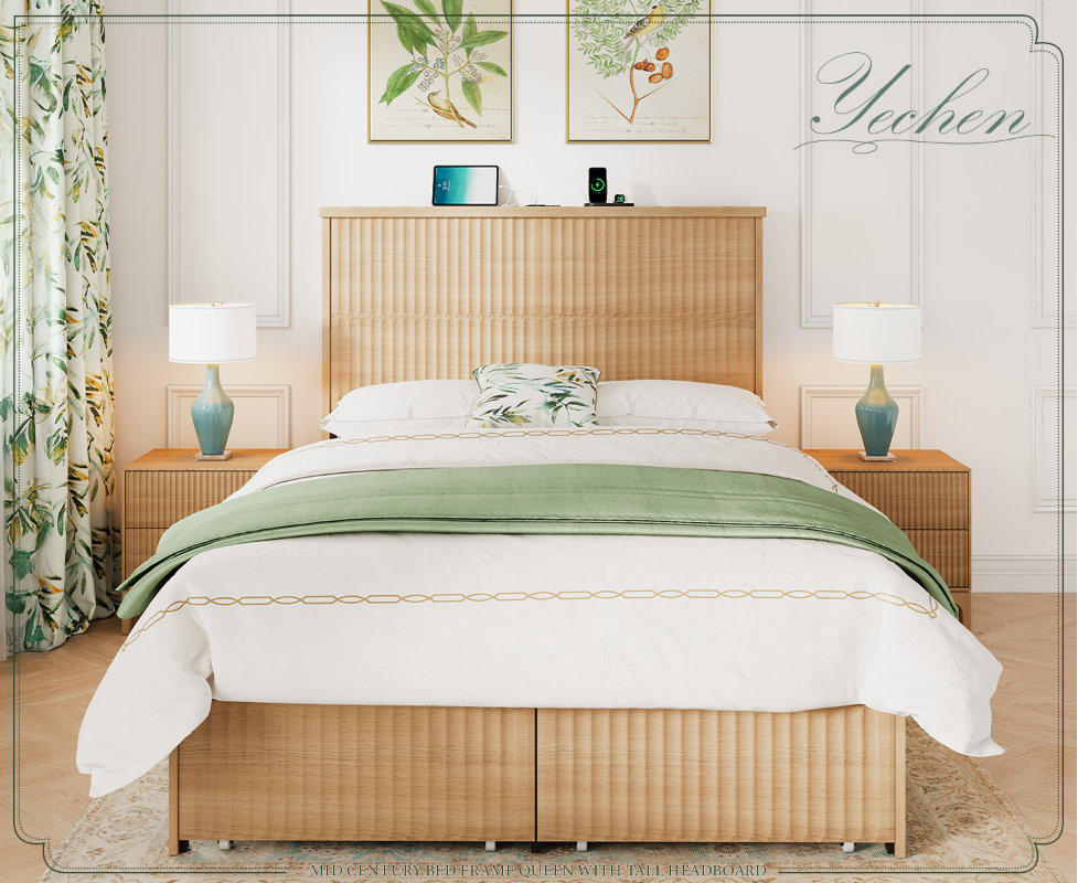 Retro Fluted Queen Bed Frame with 55" Tall Headboard and Storage Drawers
