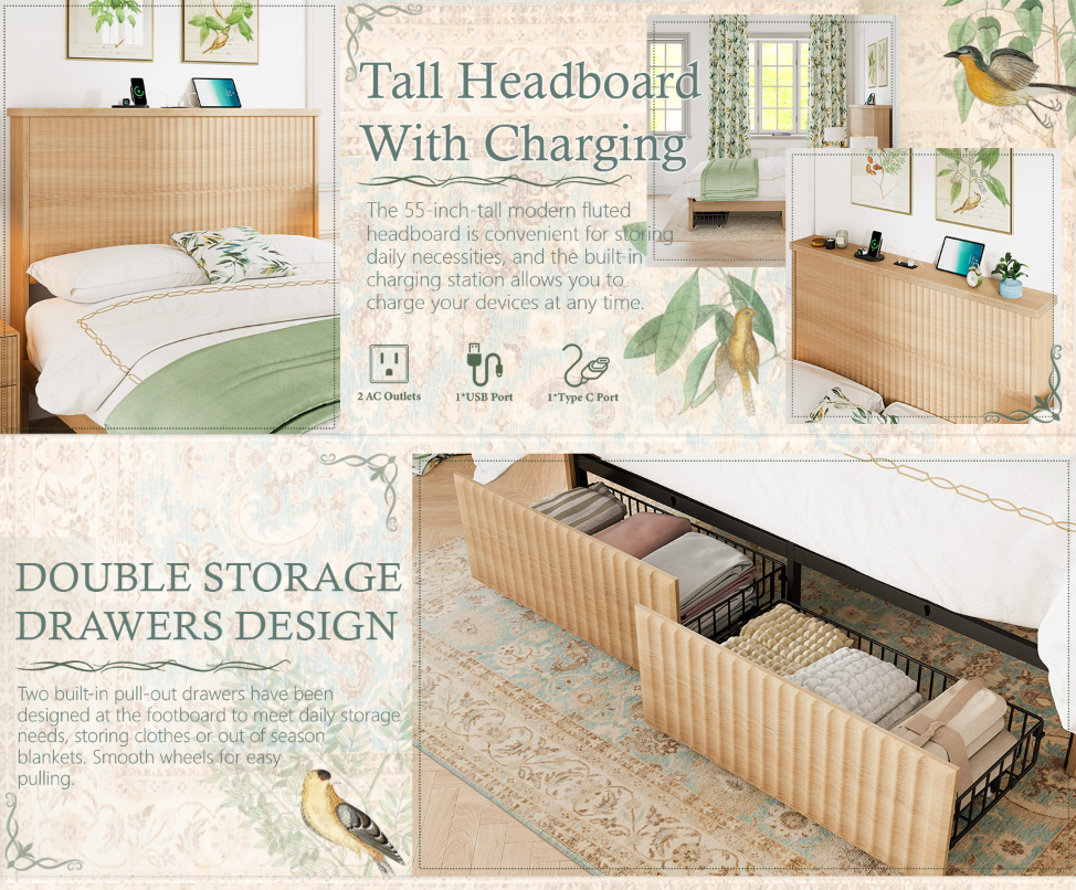 Retro Fluted Queen Bed Frame with 55" Tall Headboard and Storage Drawers