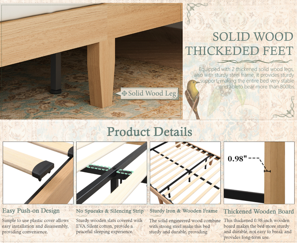 Retro Fluted Queen Bed Frame with 55" Tall Headboard and Storage Drawers