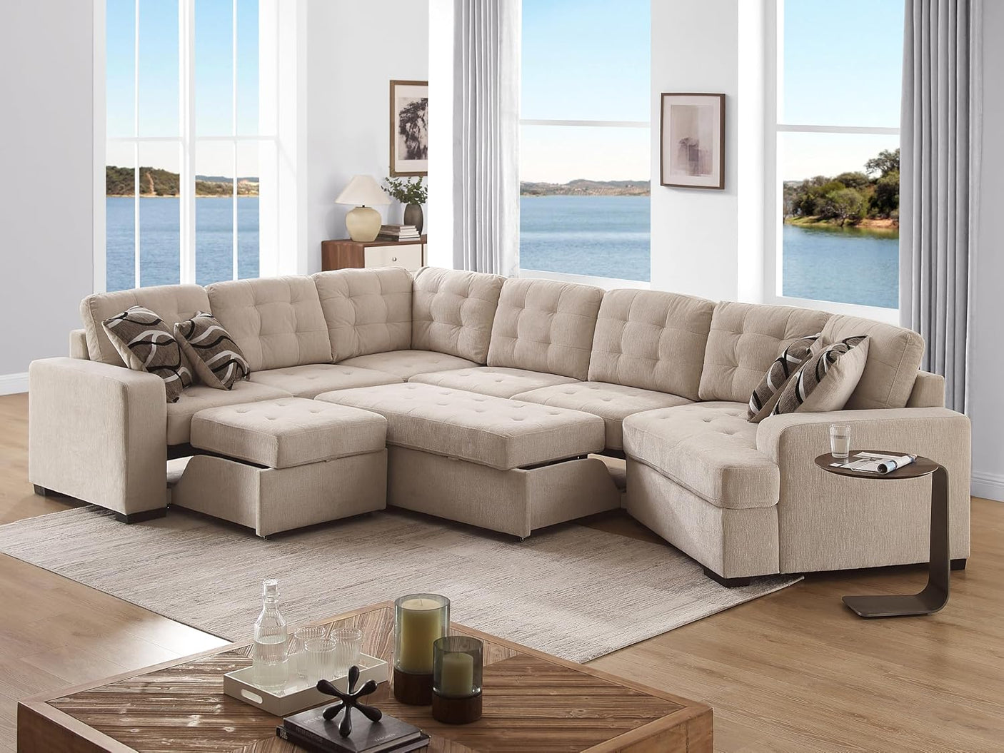 149'' Oversized Large Sectional Sleeper Sofa with Pull Out Bed & Cuddler | 7-Seater L-Shaped Sectional Couch with Chaise Lounge