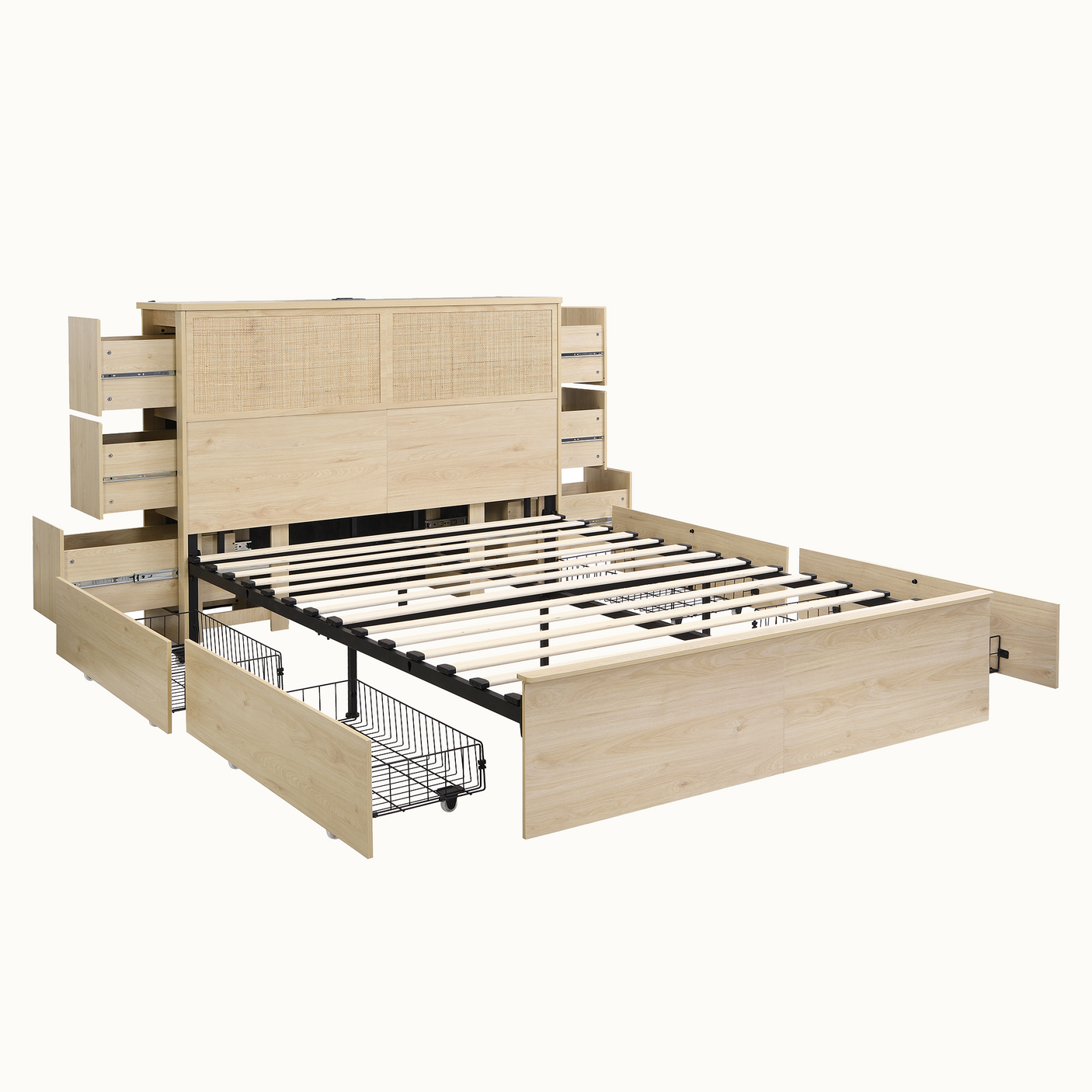 Boho Rattan Queen Bed Frame with Charging Station & 10 Storage Drawers