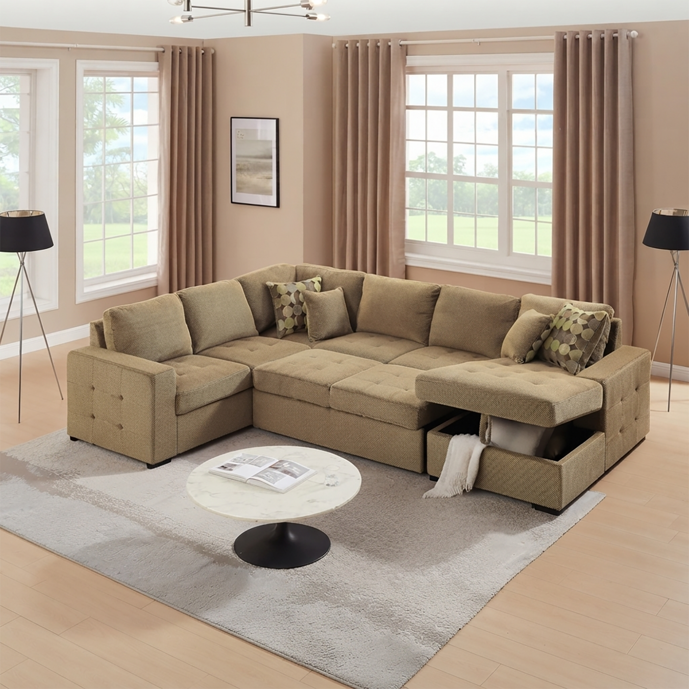 Yechen 123" U-Shaped Sectional Sleeper Sofa with Pull-Out Bed & Storage Chaise, 6-Seater