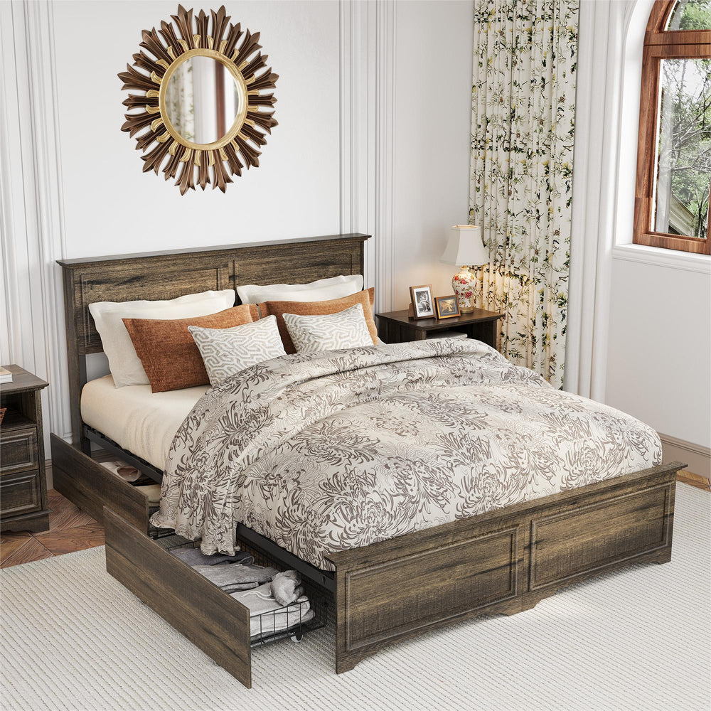 Farmhouse Queen Size Bed Frame with 4 Storage Drawers