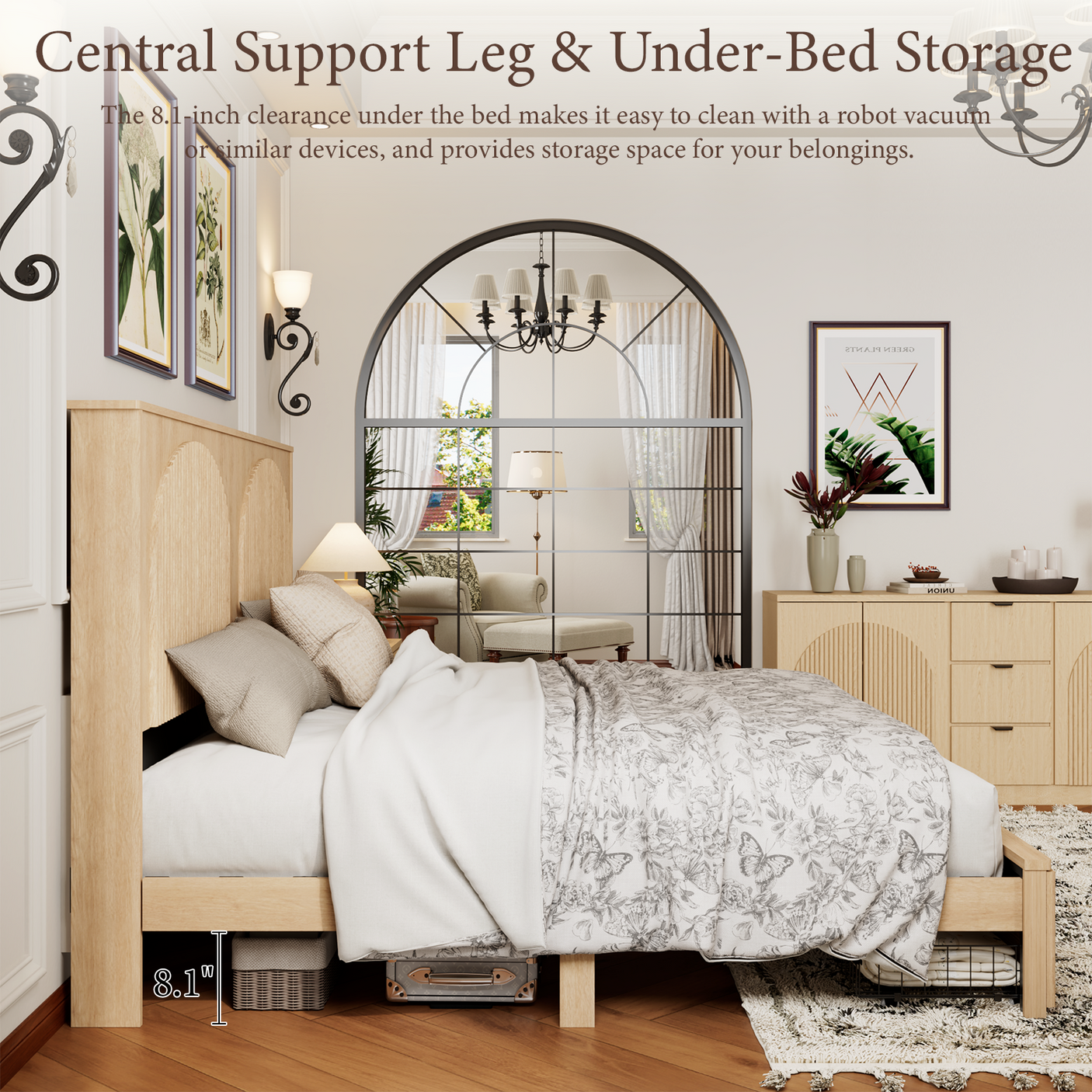 Yechen Modern Arched Reeded Wood Bed | 2 Storage Drawers | Natural Oak