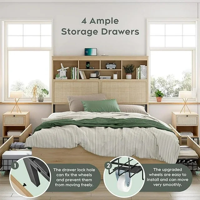 Boho Rattan Queen Beds Frame with Charging Station Headboard