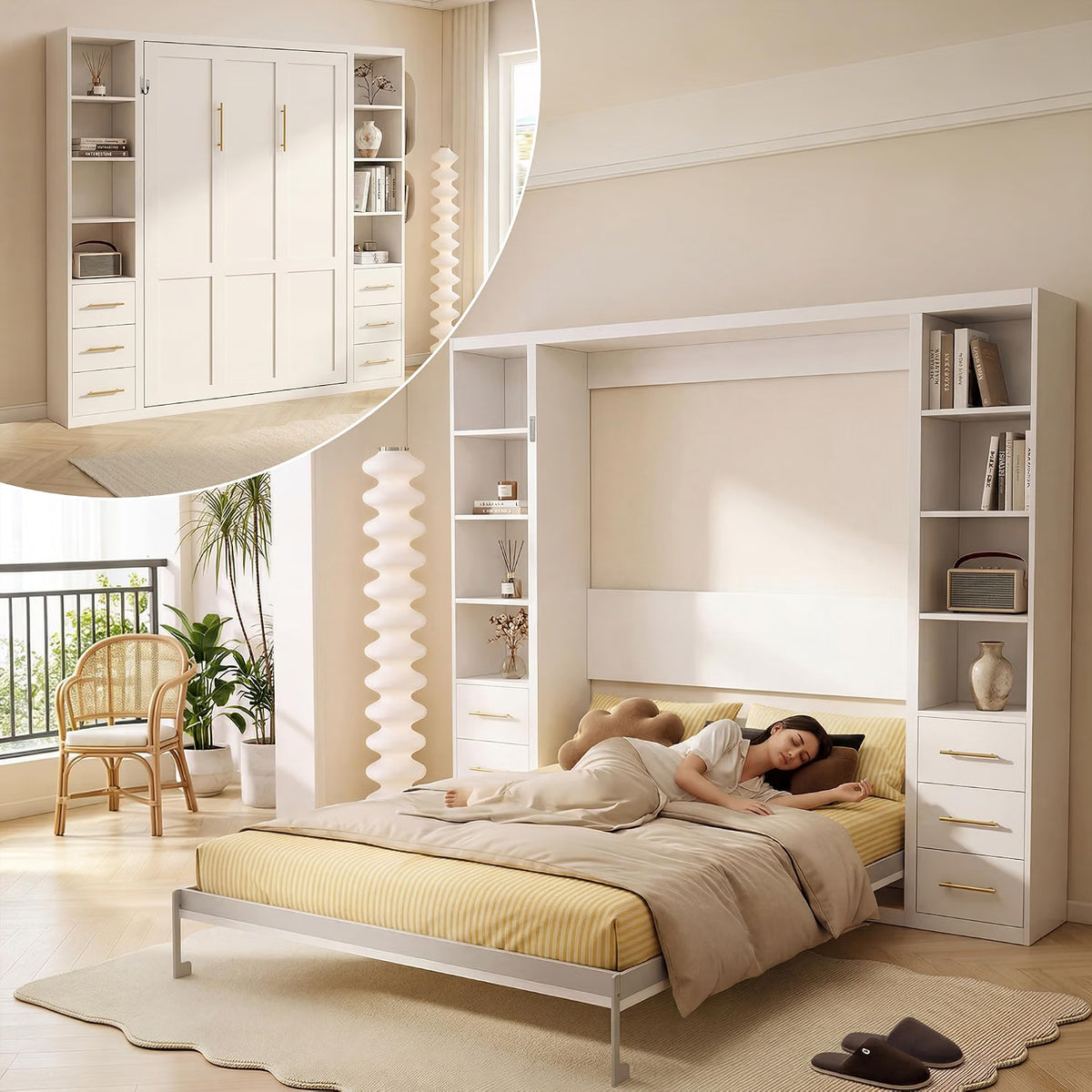 White Queen Murphy Bed with Dual Side Cabinets | Yechen Home
