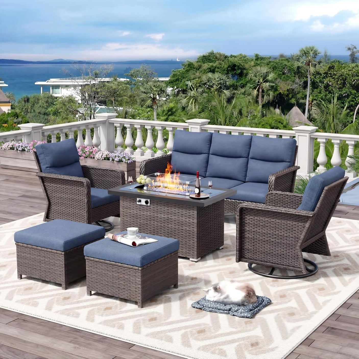 7-Piece Outdoor Patio Furniture Set with 44" Gas Fire Pit Table, 360° Swivel Chairs & Fade-Resistant Cushions, Blue Wicker Conversation Set