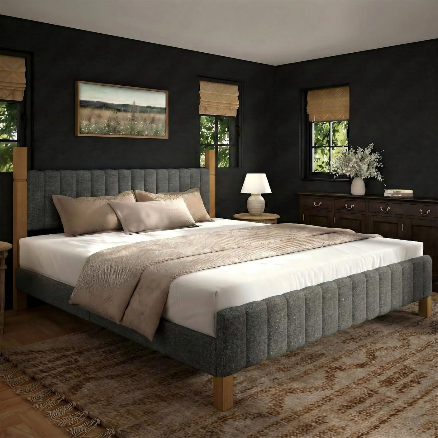 Yechen Full Size Natural Wood Bed Frame with Headboard