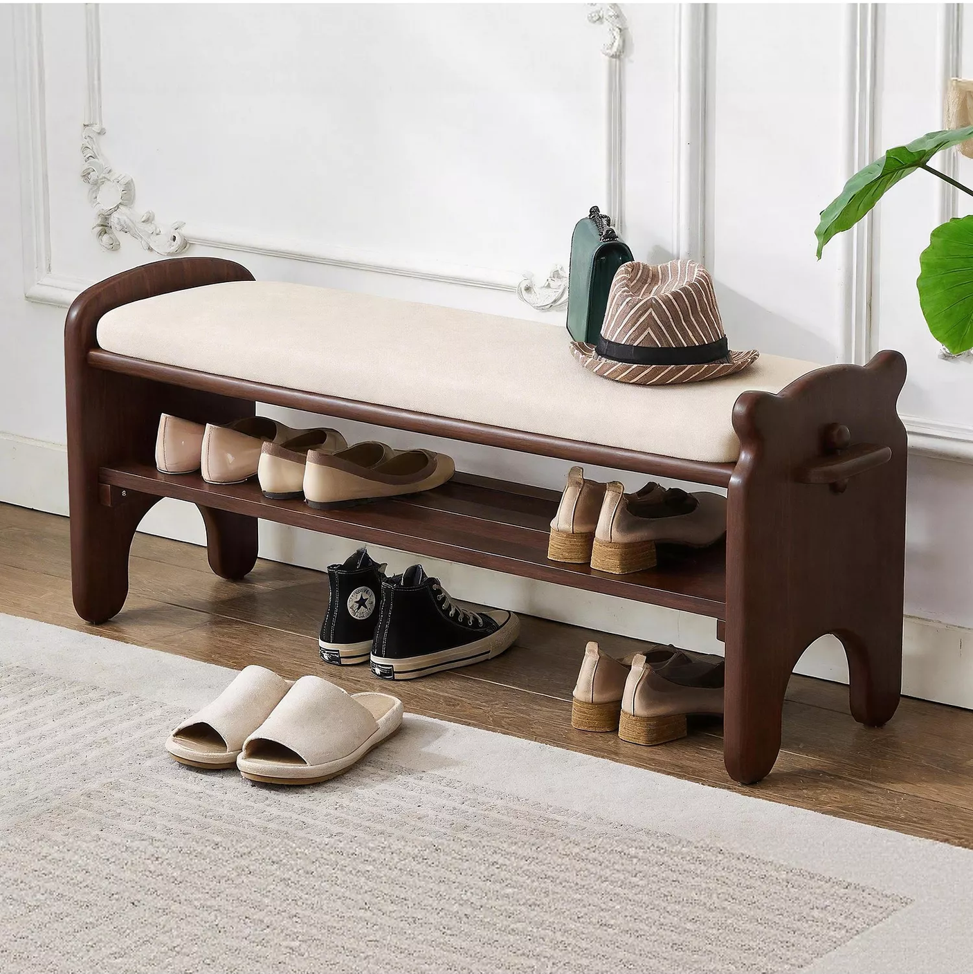 Yechen Bear Shoe Bench, Solid Wood Entryway Bench with Cushion & 2-Tier Shoe Rack