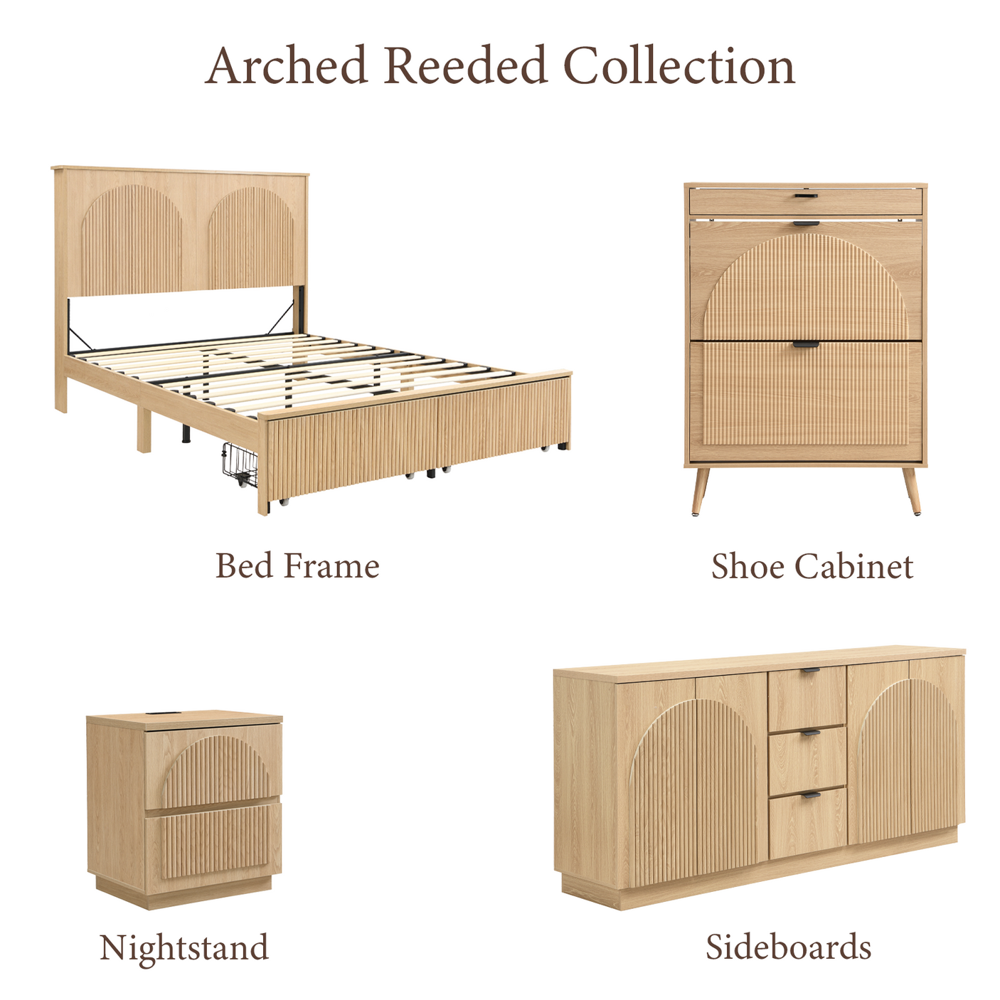 Yechen Modern Arched Reeded Wood Bed | 2 Storage Drawers | Natural Oak