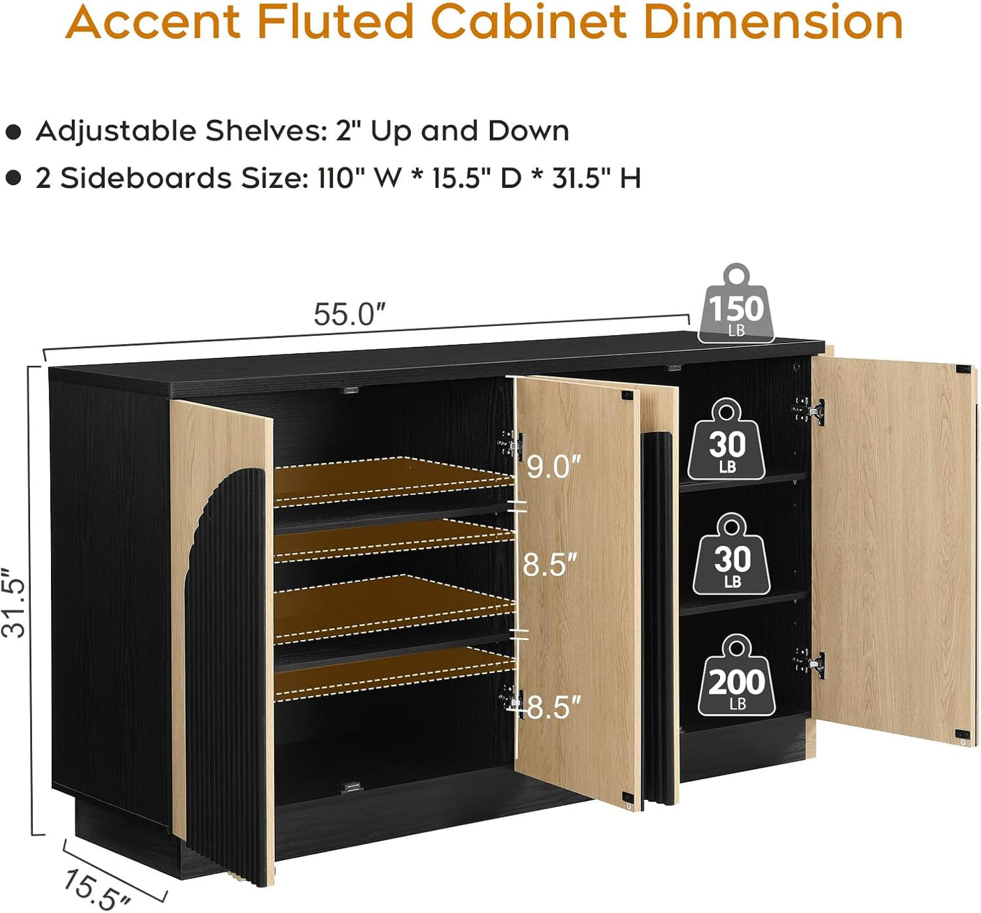 Arched Reeded Design Sideboard Buffet Cabinet