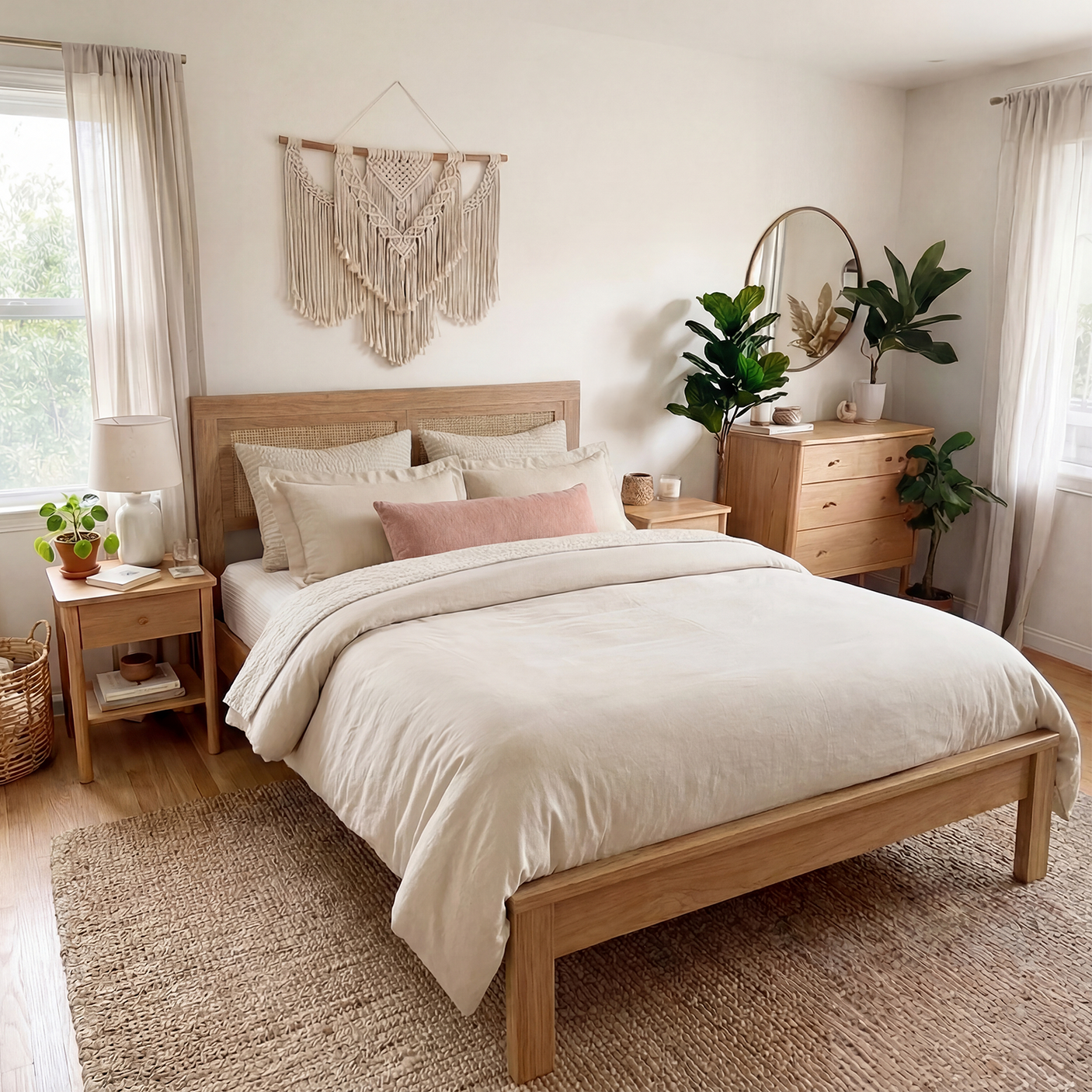 Rattan Boho Bed Frame with Headboard | Full Queen King | Natural Walnut Platform Bed