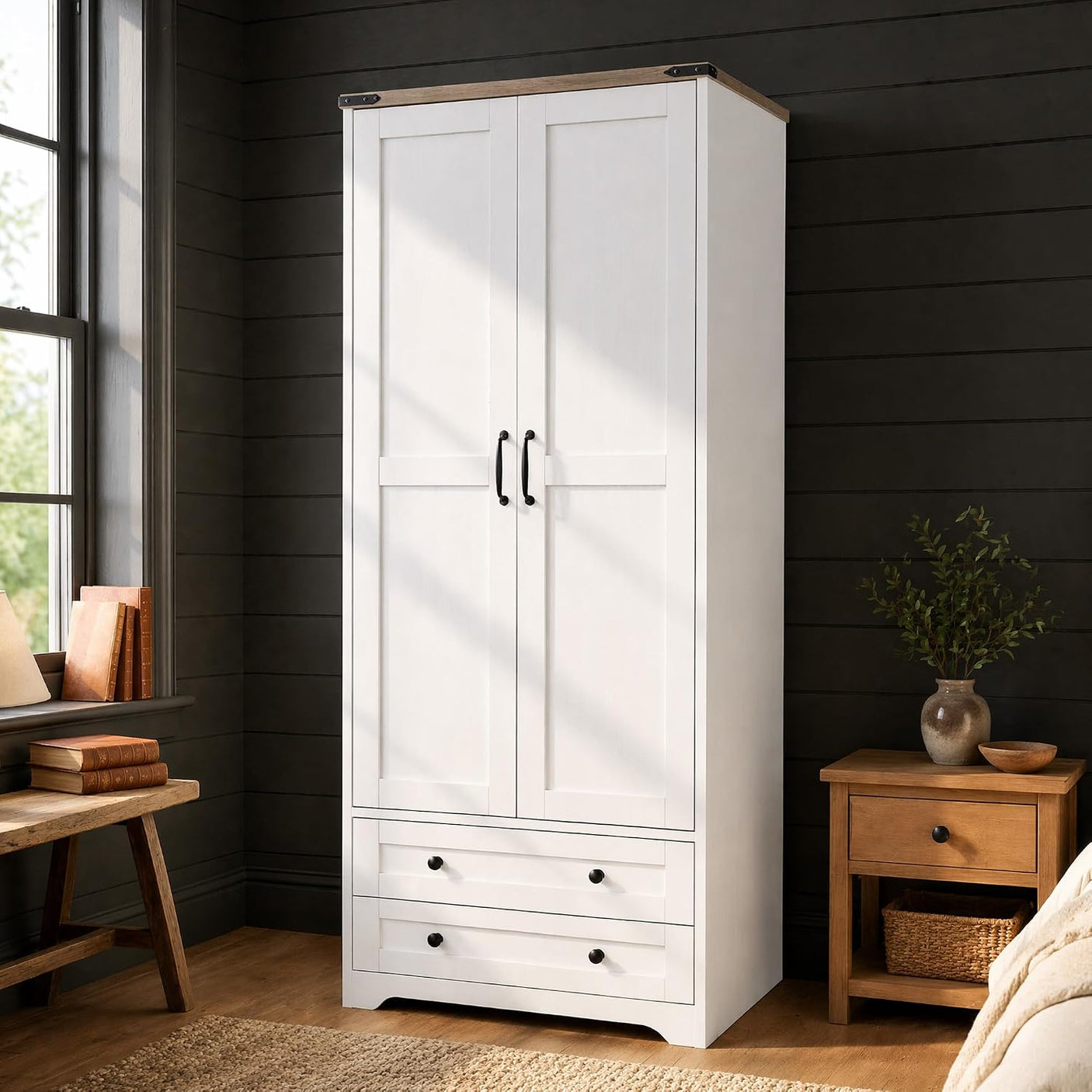 Yechen 71" Armoire Wardrobe Closet with Hanging Rod, Adjustable Shelves & 2 Drawers — White