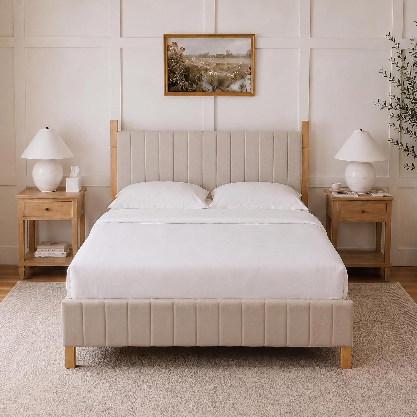 Yechen Queen Bed Frame with Linen Headboard | Platform Bed, Noise-Free Slats, Beige