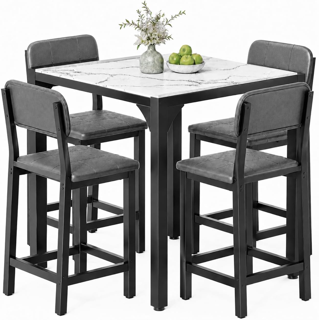 5-Piece Counter Height Dining Set | Marble-Look Top, Padded Chairs, Modern Grey