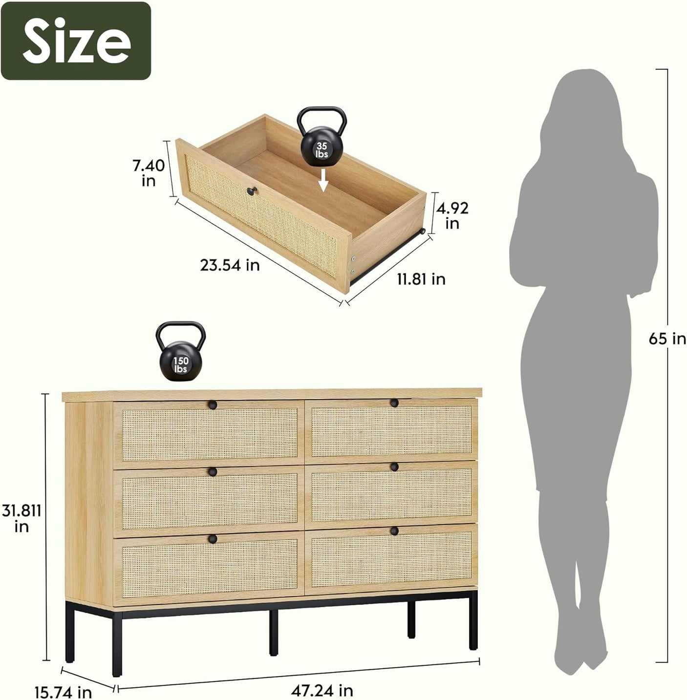 Modern 6 Drawer Dresser with Rattan Drawers