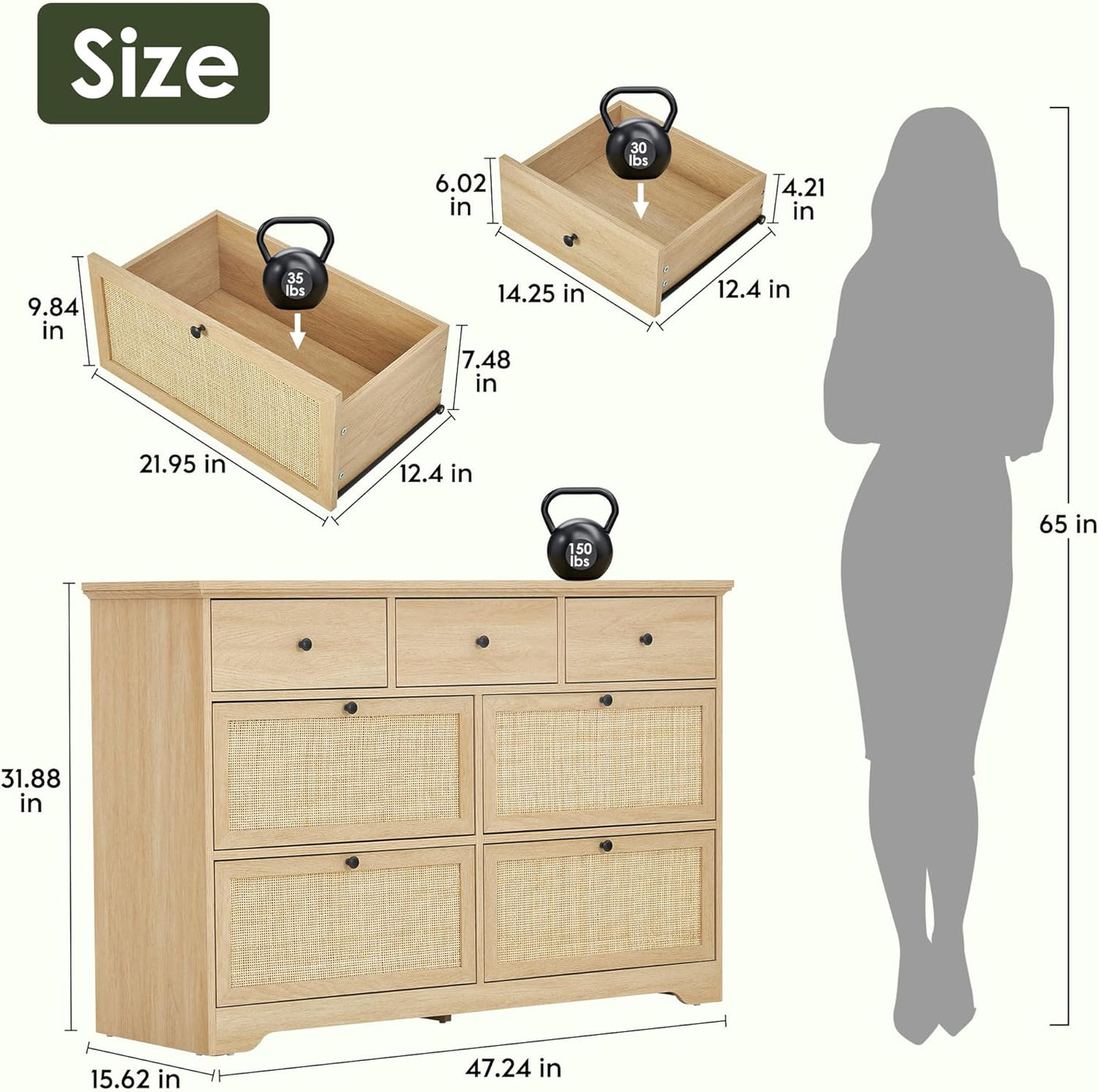 Boho 7 Drawers Natural Rattan Dresser