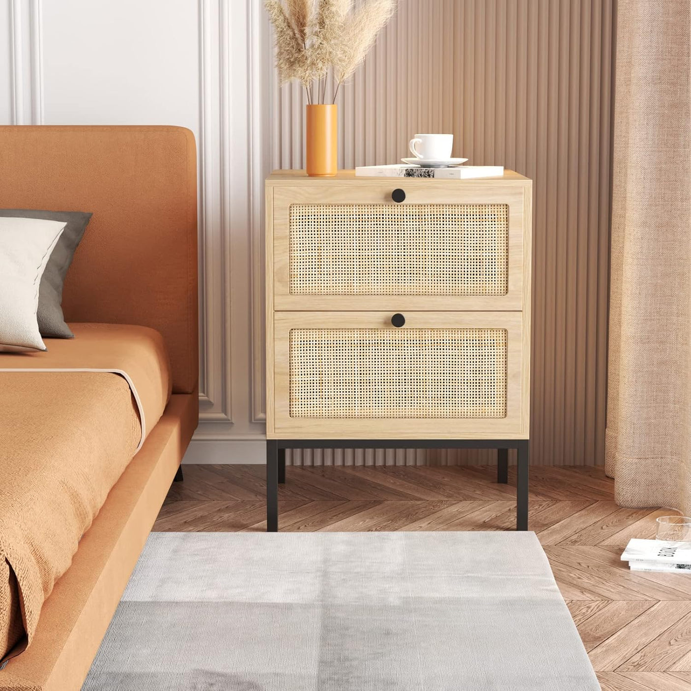 Boho Rattan Drawers Sidetable Nightstand 2 Packs