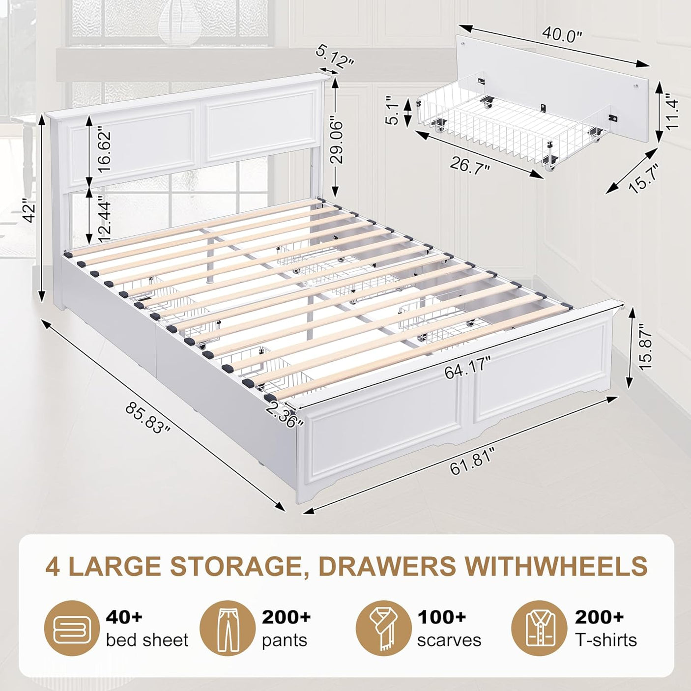 Farmhouse Queen Size Bed Frame with 4 Storage Drawers