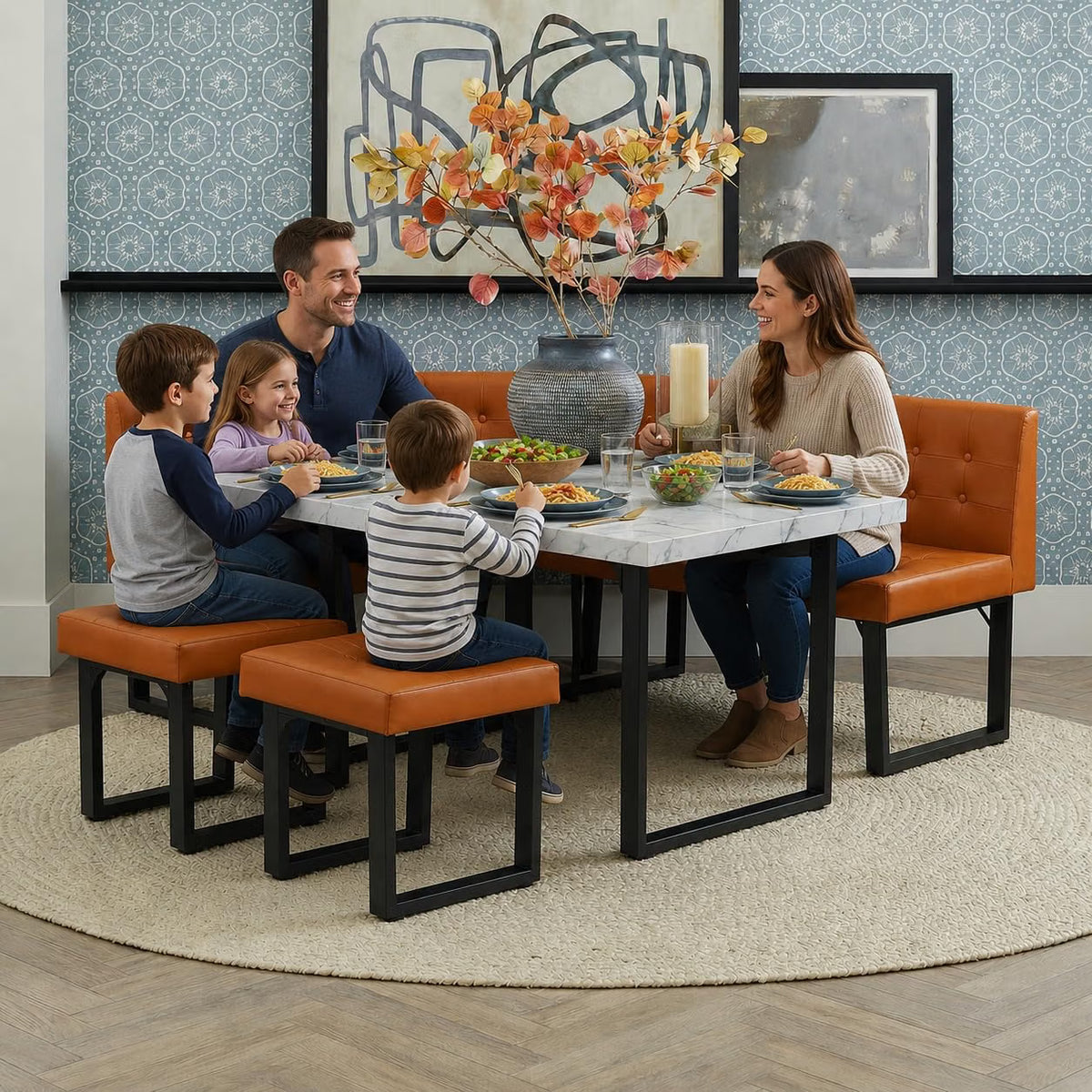 72" Corner Breakfast Nook Table Set with Storage Bench | L-Shaped Booth Dining Set, Seats 6, Orange