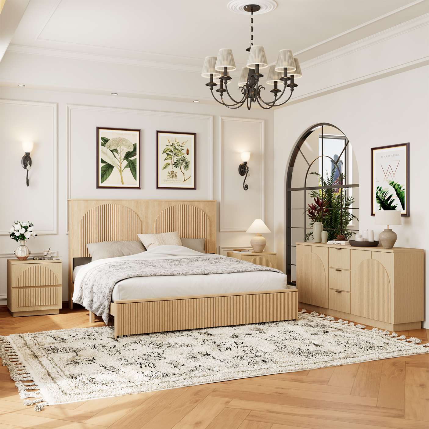 Yechen Modern Arched Reeded Wood Bed | 2 Storage Drawers | Natural Oak