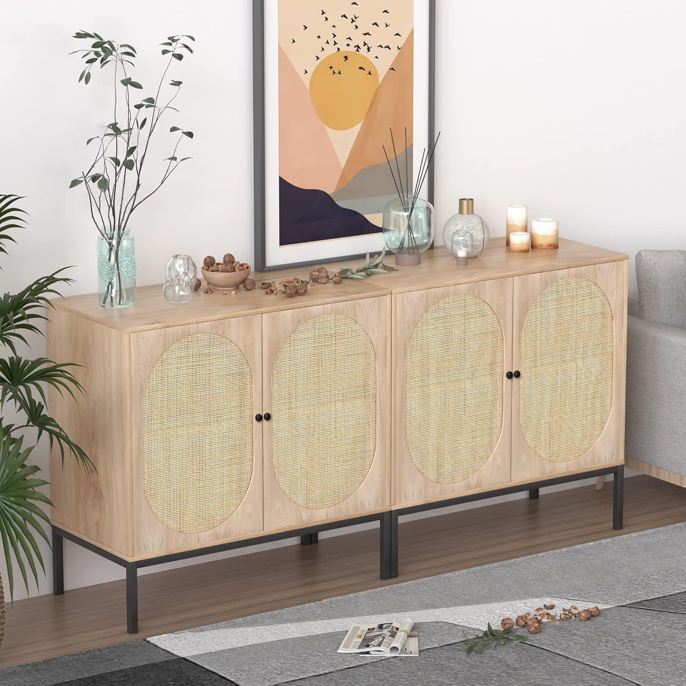 Natural Rattan Oval Sideboard Cabinet | Boho Buffet with Handwoven Doors & Adjustable Shelves