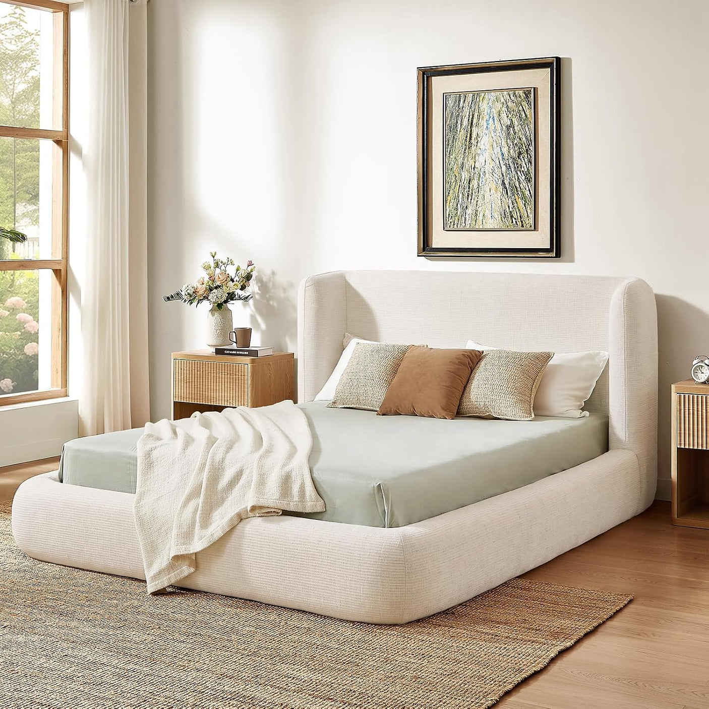 YECHEN Cloud Bed Frame - Modern Water-Resistant Bouclé Upholstered Platform Bed, Tool-Free Assembly, No Box Spring Needed