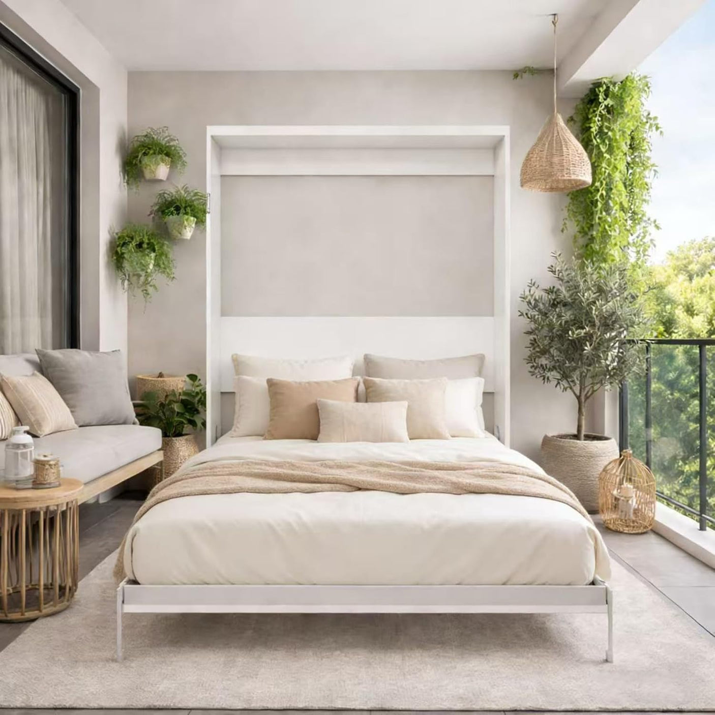 Queen Murphy Bed | White Wall Bed with Grey Slat Frame | Space-Saving Foldable Bed | Yechen Home