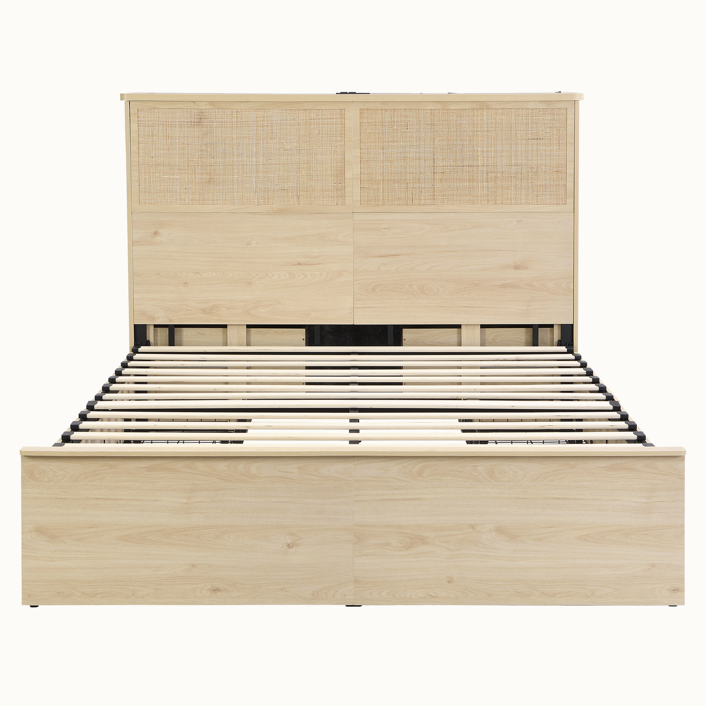 Boho Rattan Queen Bed Frame with Charging Station & 10 Storage Drawers