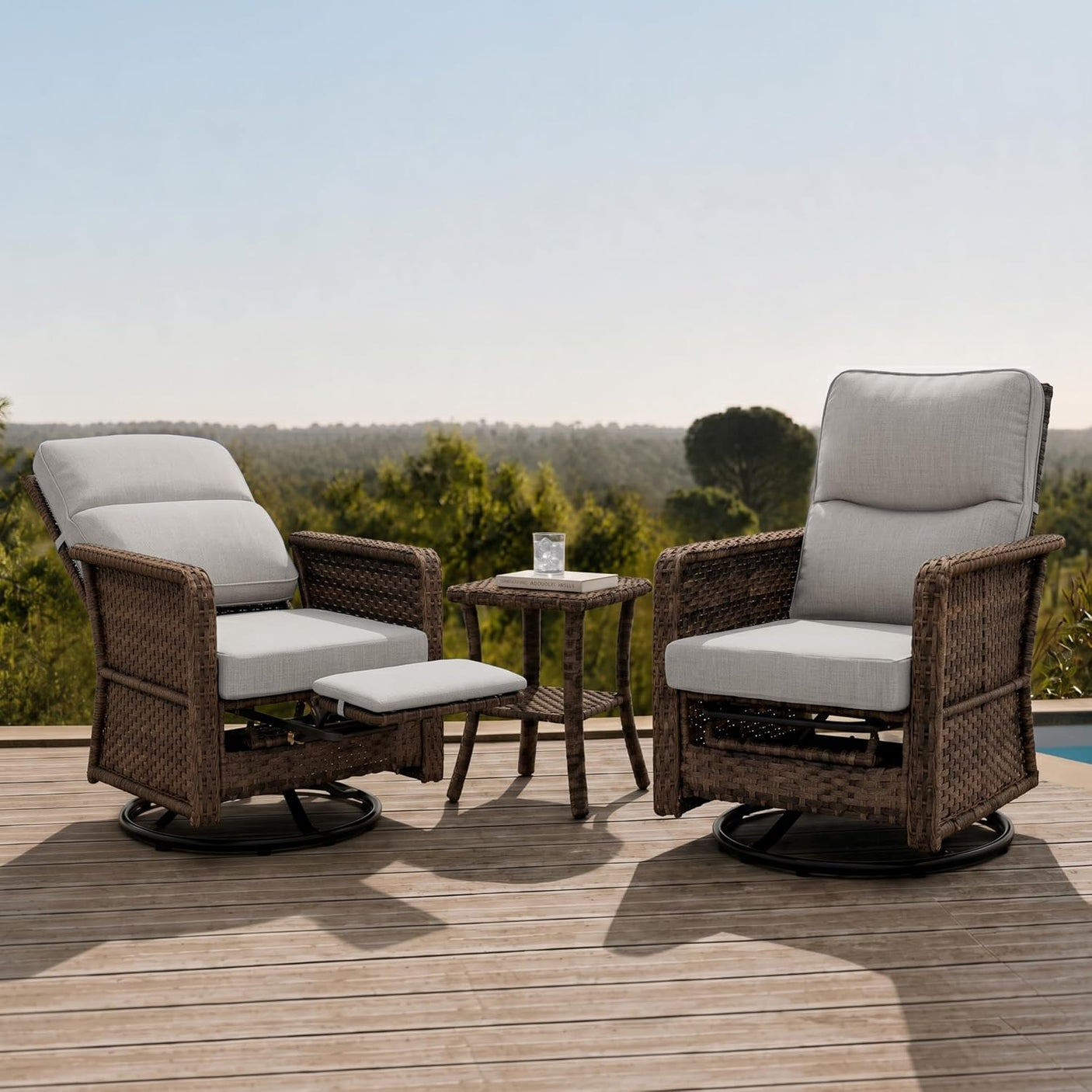 Outdoor Swivel Chair Set | PE Wicker Patio Conversation Set with Cushions | Beige