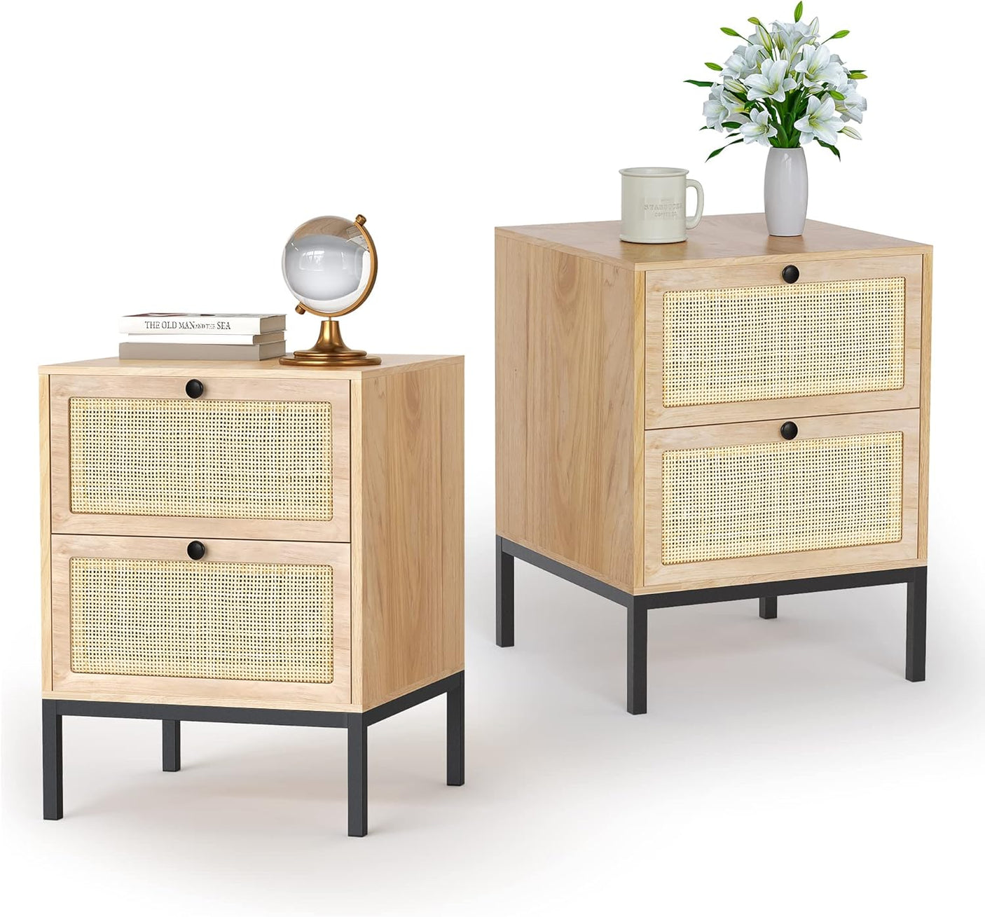 Boho Rattan Drawers Sidetable Nightstand 2 Packs