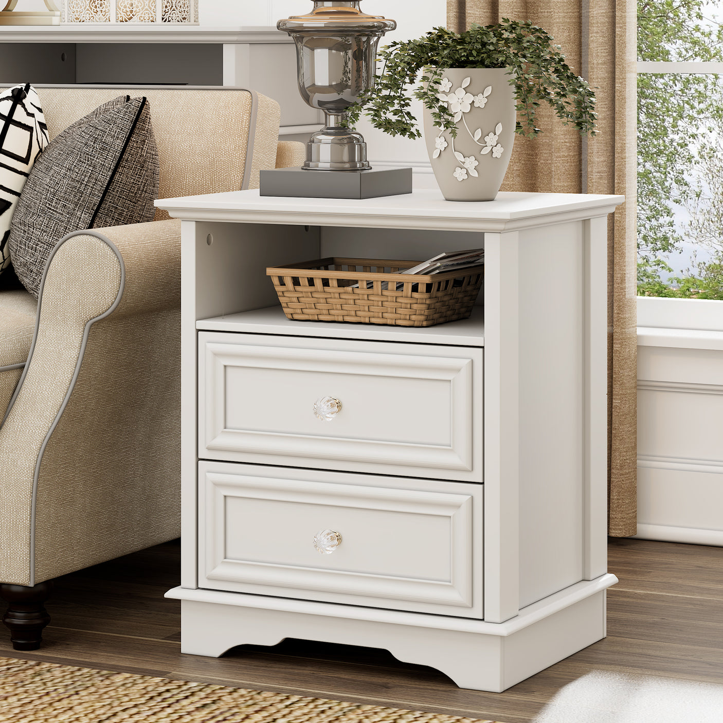 Farmhouse Mid Century Modern Nightstand, 2-Drawer 25" Tall Wood