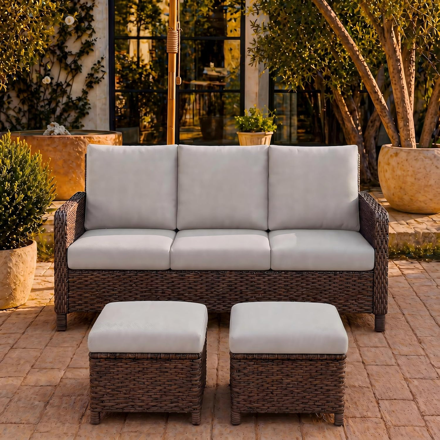 5-Seat Patio Conversation Set | 3-Seat Sofa + 2 Ottomans | Rattan Outdoor Furniture with Washable Cushions – Beige
