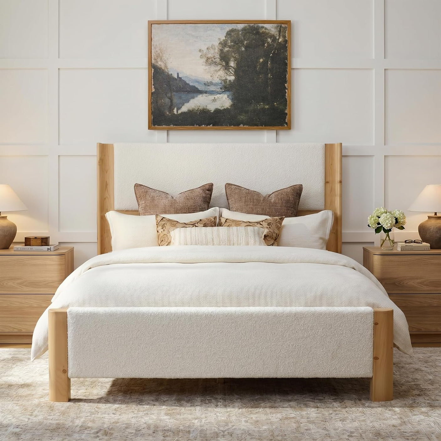 Yechen Wingback Bed Frame | Boucle & Solid Pine | Queen | No Box Spring | Off White